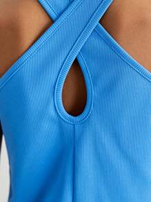SHEIN Tween Girl Knitted Crossed Shoulder Straps Sports Vest - Blue - View 4