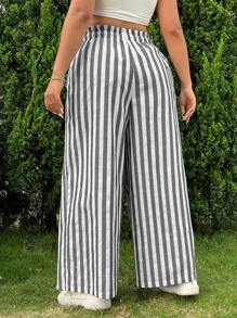 SHEIN EZwear 女性大尺寸亞麻紋理直條紋寬腿褲，適合夏季涼爽穿著 - 黑與白 - 查看 2