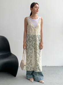 FRIFUL Đầm maxi ren mùa hè thanh lịch cổ chữ V sâu dáng rộng, đầm nữ thường ngày. - Màu be - Xem 2