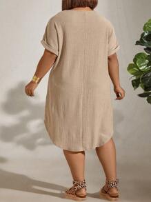 SHEIN CURVE+ Plus Size Solid Textured Simple Summer Dress - Khaki - View 2