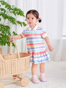 SHEIN Baby Girls' Leisure Knitted Striped Short Sleeved Polo Collar Dress - White - View 4