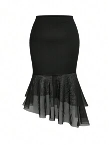 Celure 大尺碼女性優雅網紗接縫人魚下擺裙 - 黑色 - 查看 1