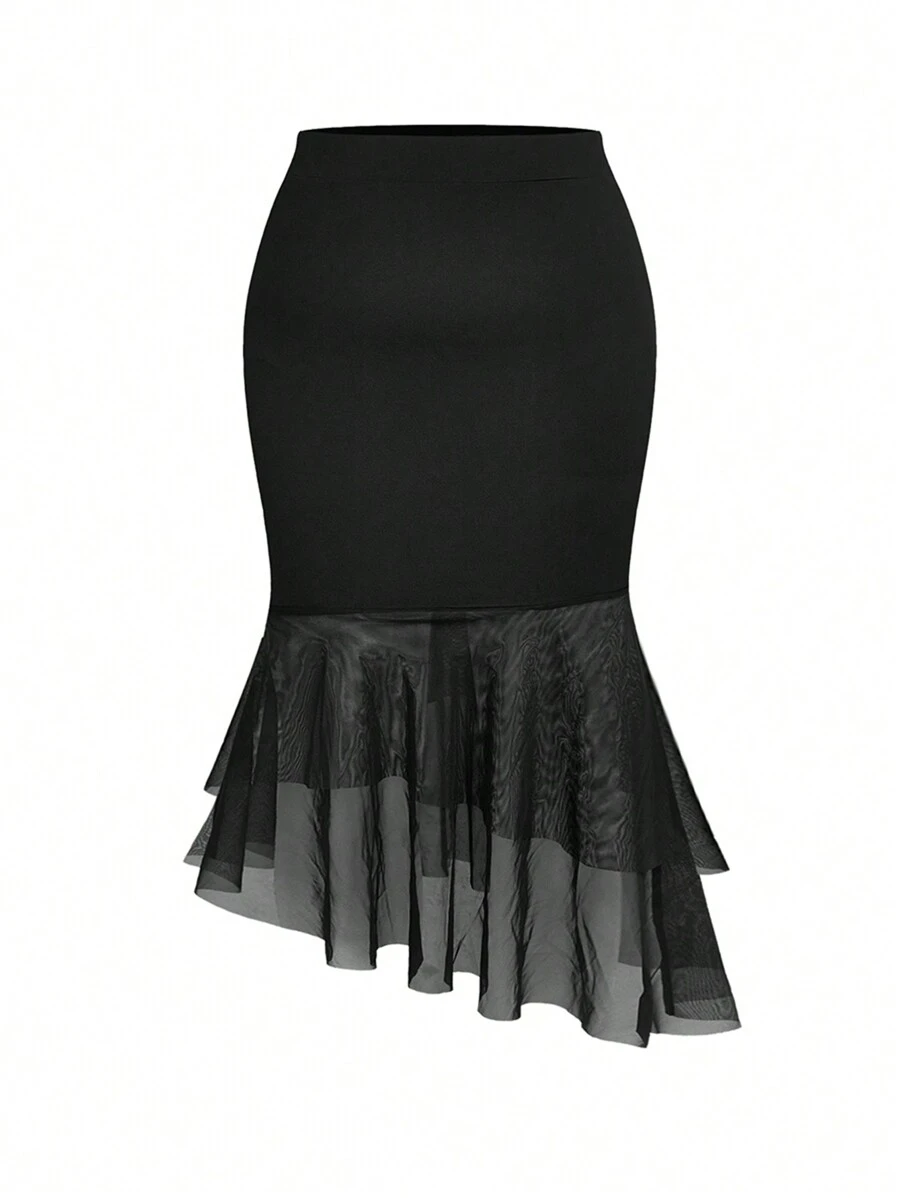 Celure 大尺碼女性優雅網紗接縫人魚下擺裙 - 黑色 - 查看 1