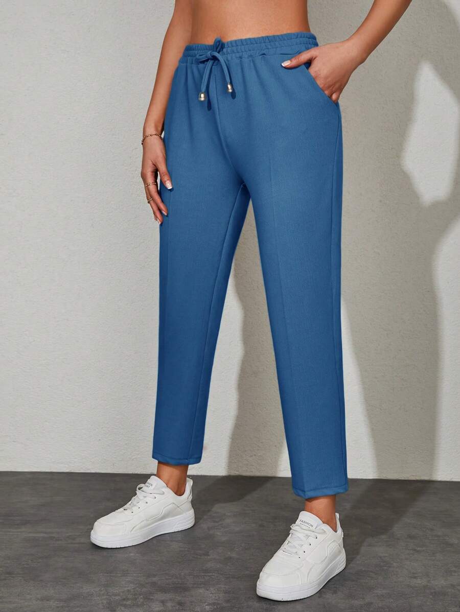 Drawstring Waist Slant Pocket Pants - Blue - View 1