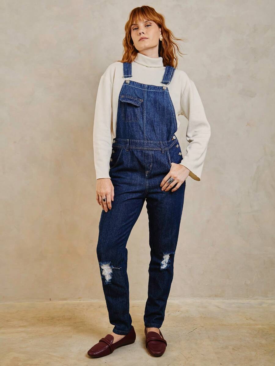SHE(IN) BRASIL Ripped Pocket Front Denim Overalls - Rửa tối - Xem 1