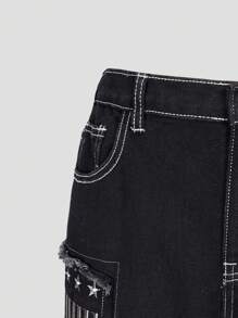 Teen Girl Rock Punk Style Embroidered Detail Raw Hem Straight Leg Jeans