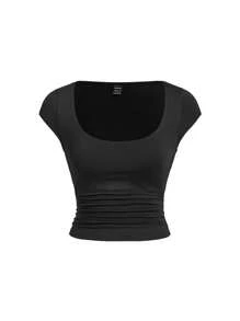 SHEIN Essnce 2入組女式緊身短袖T恤，帶領口，腰部折疊收緊 - 深灰色 - 查看 3