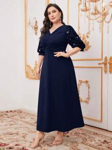 Modelyn Kích thước lớn Long lanh Vá lại Xếp li Eo Dài Đầm Cho mùa xuân Và Mùa hè - Màu xanh hải quân - Xem 6