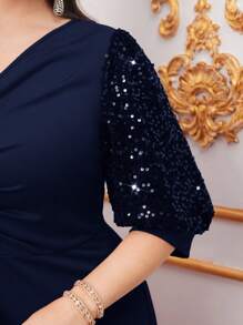 Modelyn Kích thước lớn Long lanh Vá lại Xếp li Eo Dài Đầm Cho mùa xuân Và Mùa hè - Màu xanh hải quân - Xem 7
