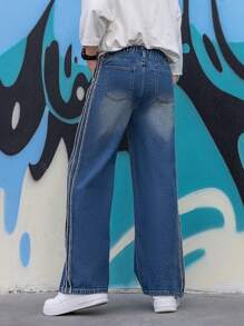 Teen Boy Quần denim ống rộng giản dị và sành điệu mới - Rửa tối - Xem 2