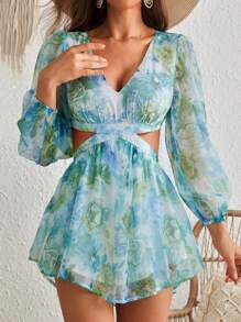 SHEIN VCAY Enterizo para mujeres con cintura alta y manga larga verde con encaje transparente para verano de vacaciones