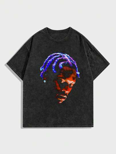 Street Life Men Cartoon Print Round Neck Short Sleeve T-Shirt, Suitable For Daily Wear In Spring And Summer, School