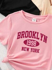 SHEIN Young Girl 3pcs Casual Simple Letter Pattern Short Sleeve T-Shirt Is Suitable For Summer - Multicolor - View 5