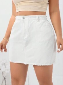 SHEIN Essnce 大尺碼夏季純色開邊牛仔裙 - 白色 - 查看 5