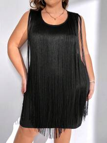 SHEIN CURVE+ Plus Size Women's Sleeveless Fringed Dress - Black - View 3