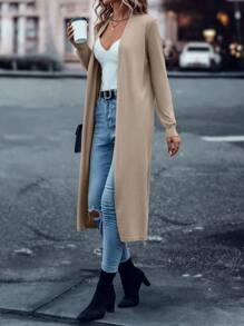 EMERY ROSE 女士純色度假長款開襟衫，適用於春季 - 卡其色 - 查看 1