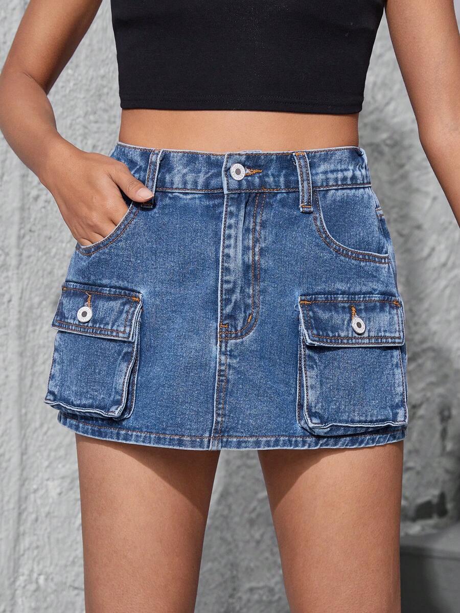 Y2k復古街頭風格高腰喇叭牛仔褲裙連口袋,適合年輕女生 - 霧霾藍 - 查看 1