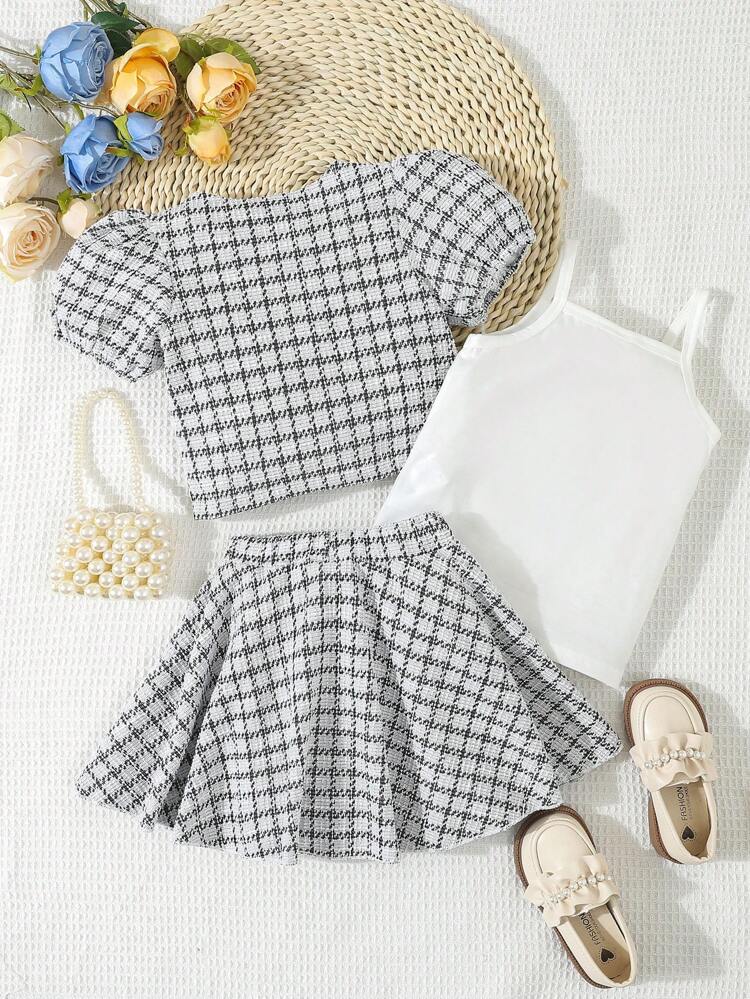 Baby Girl Three-Piece Set Elegant And Simple Camisole And Printed Puff Sleeve Short-Sleeved Top And Umbrella Skirt For Spring And Summer