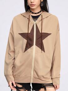 ROMWE Grunge Punk 星星印花落肩袖拉鏈開襟抽繩連帽衫 - 卡其色 - 查看 2
