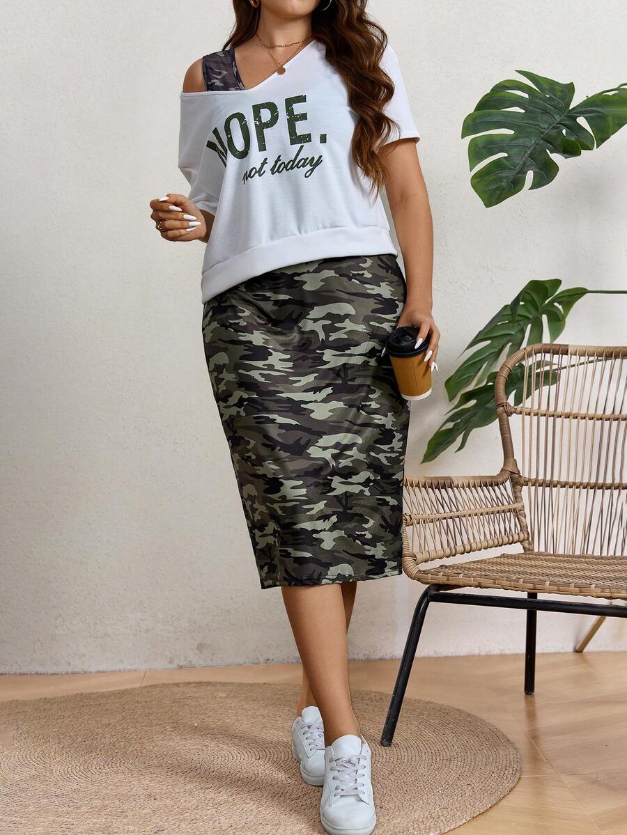 SHEIN LUNE Bộ đầm không tay in họa tiết ngụy trang cỡ lớn và áo ngắn tay in chữ cho mùa hè thông thường - xanh quân đội - Xem 1