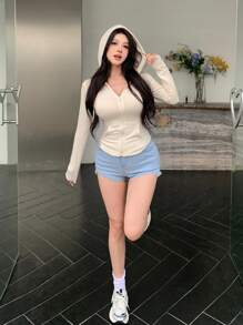 DAZY Sudadera con capucha con cordón, cierre con cremallera, bolsillo canguro y ajuste ceñido en la cintura para mujer, tops de manga larga