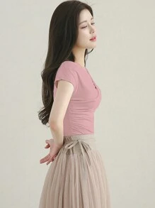 DAZY Solid Color Asymmetrical Collar Ruched Slim Fit Short Sleeve T-Shirt For Summer - Baby Pink - View 4