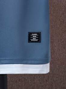 SHEIN Young Boy Patchwork Contrast Color Round Neck Short Sleeve T-Shirt And Shorts Set With Pockets - Dusty Blue - View 5