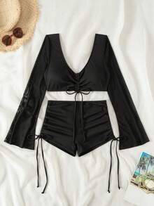 SHEIN Swim 女士實色落肩袖上衣與前拉繩及拉繩短褲兩件式比基尼套裝 - 黑色 - 查看 6