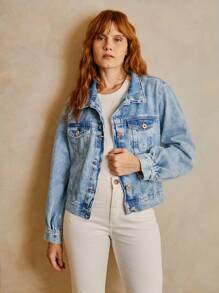 SHE(IN) BRASIL Flap Pocket Button Front Denim Jacket - Rửa nhẹ - Xem 2