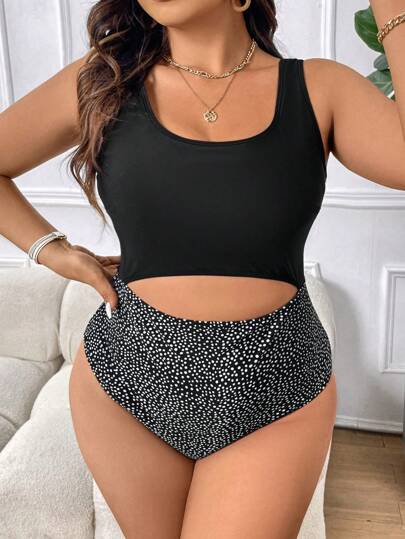 SHEIN Swim Curve Plus Size Summer Beach Polka Dot Print Spliced Hollow Out One-Piece Swimsuit