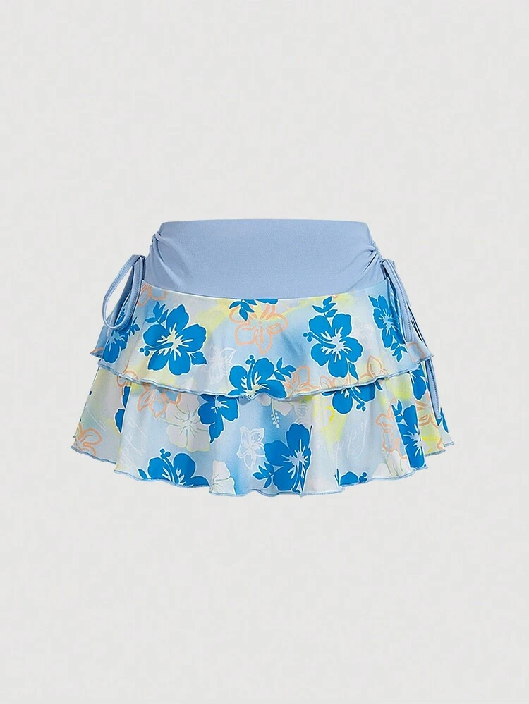 Summer Leisure Waist Drawstring Pleated Patchwork Floral Print Skirt