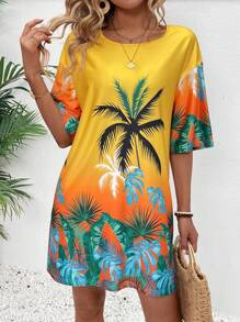 Breezaya Vestido mini de manga corta suelto con estampado, estilo de vacaciones en la playa para mujer