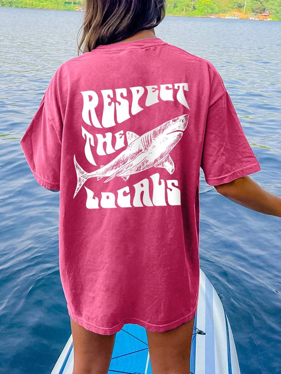 INAWLY Áo thun nữ dáng dài rộng rãi có in hình cá mập sau lưng, mùa hè - Màu Hồng Tươi - Xem 1