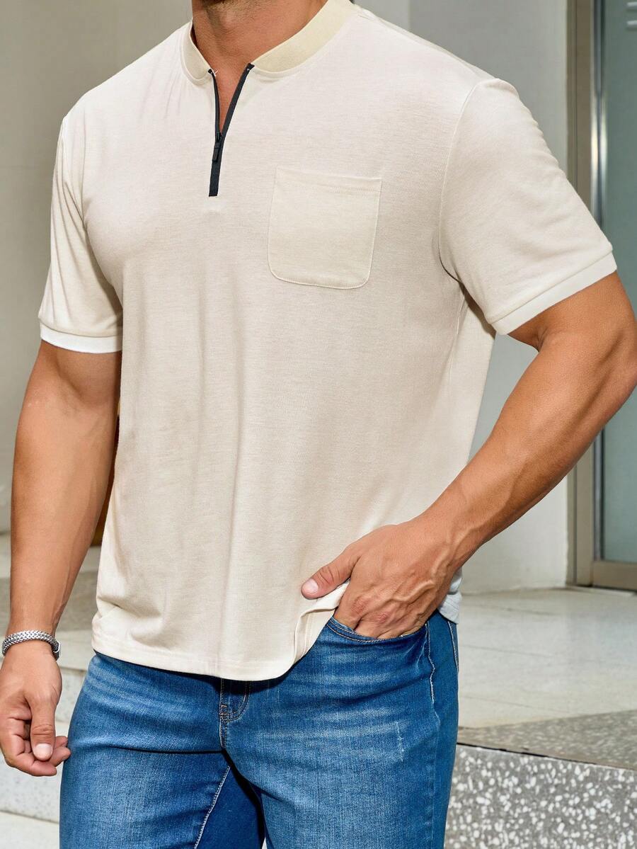 Manfinity Homme 男士大碼夏季休閒半拉鍊短袖Polo衫 - 杏色 - 查看 1