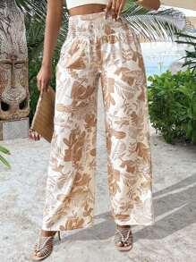 SHEIN Slayr Pantalones De Pierna Ancha De Cintura Alta Para Mujer Con Estampado De Plantas Tropicales