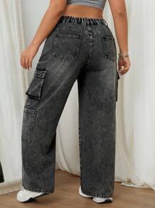 SHEIN EZwear 大尺碼黑白直筒牛仔褲，不帶彈力，多口袋設計 - 黑與白 - 查看 2