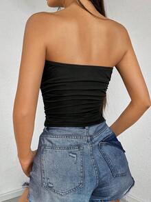 SHEIN EZwear Summer Leisure Spike & Rhinestone & Skeleton Hand Printed Asymmetric Hem Tight Strapless Top - Black - View 2