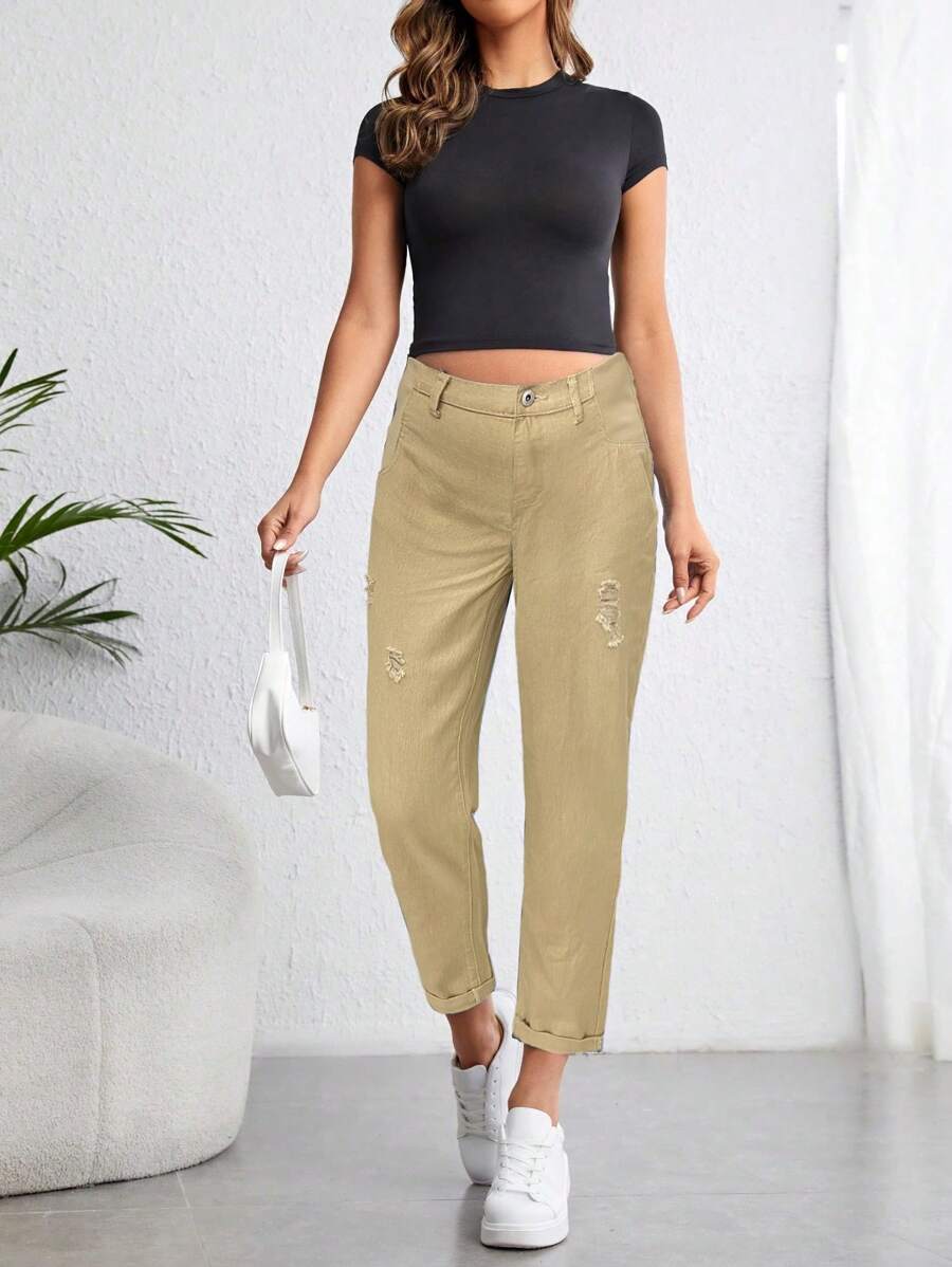 SHEIN Maternity Ripped Conical Jeans - Khaki - View 1