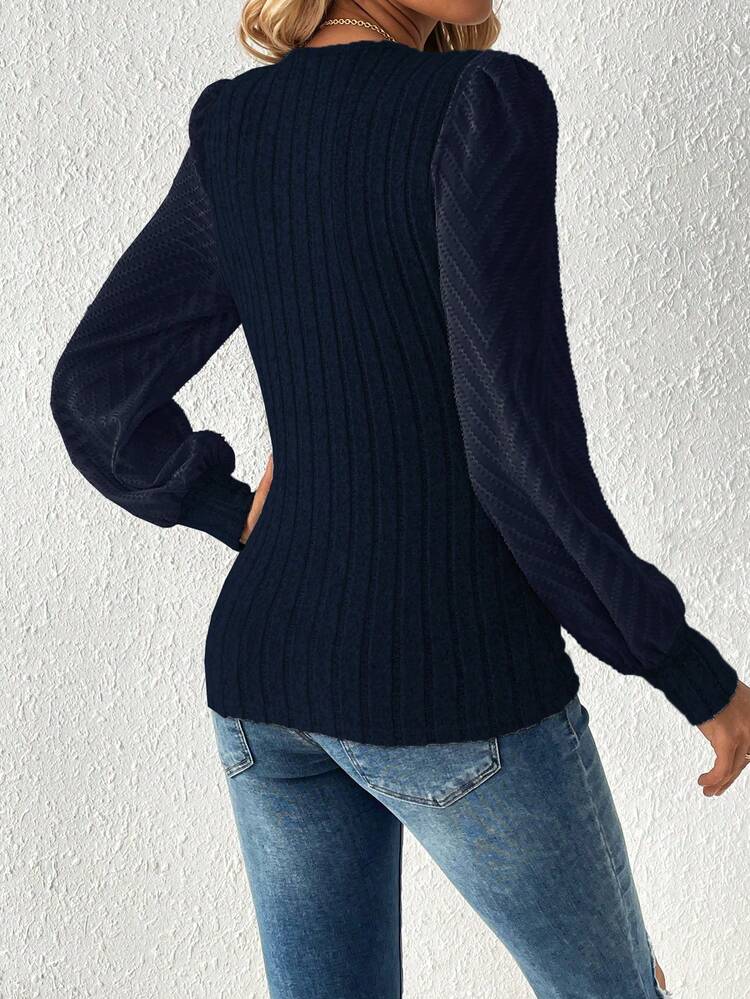 Women V-Neck Ribbed Twisted Slit Hem Solid Color Long Sleeve Top