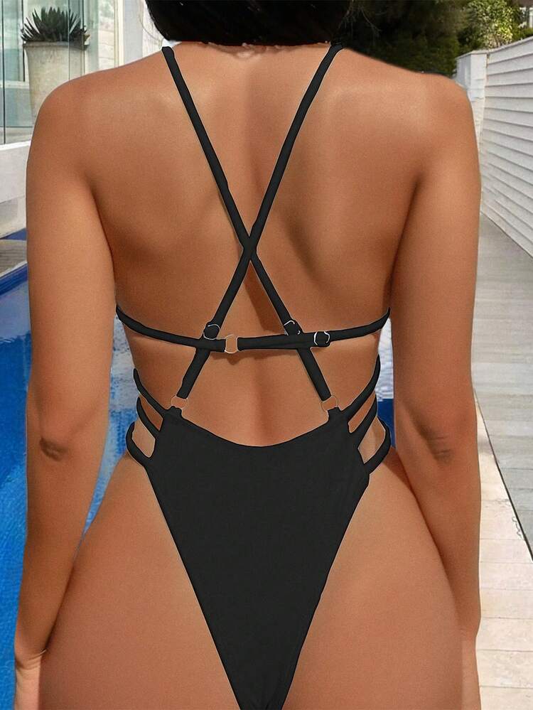 Ladies Solid Color Cross Strap One Piece Swimsuit Summer