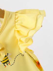 SHEIN Playful Pals Vestido de línea A de verano para bebé niña con doble capa de mangas con volantes y lindo patrón de abeja y flor - Amarillo - Ver 7