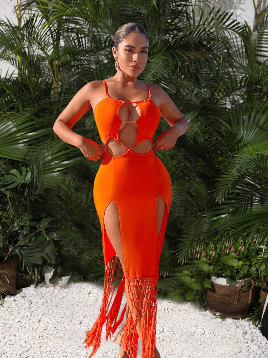 SHEIN SXY 女士拼接流蘇雙開叉搭扣空心背心裙 - 亮橙色 - 查看 1