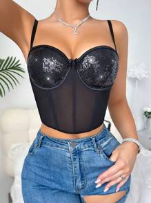 Sparkling Women Sexy Bra Set (With Underwire, Thong) 2 Pieces - Black - View 3