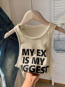 Comfortcana Summer Casual Slogan Printed Round Neck Sleeveless Tank Top, Versatile Striped Tank Top - Apricot - View 3