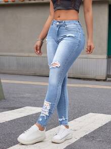 Women Street Style Distressed Skinny Jeans, Washed Denim With Holes, Fashionable And Versatile - Light Wash - View 4