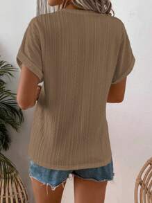 SHEIN LUNE Women Fashion Solid Color Button Decor Contrast Short Sleeve Texture T-Shirt - Khaki - View 2
