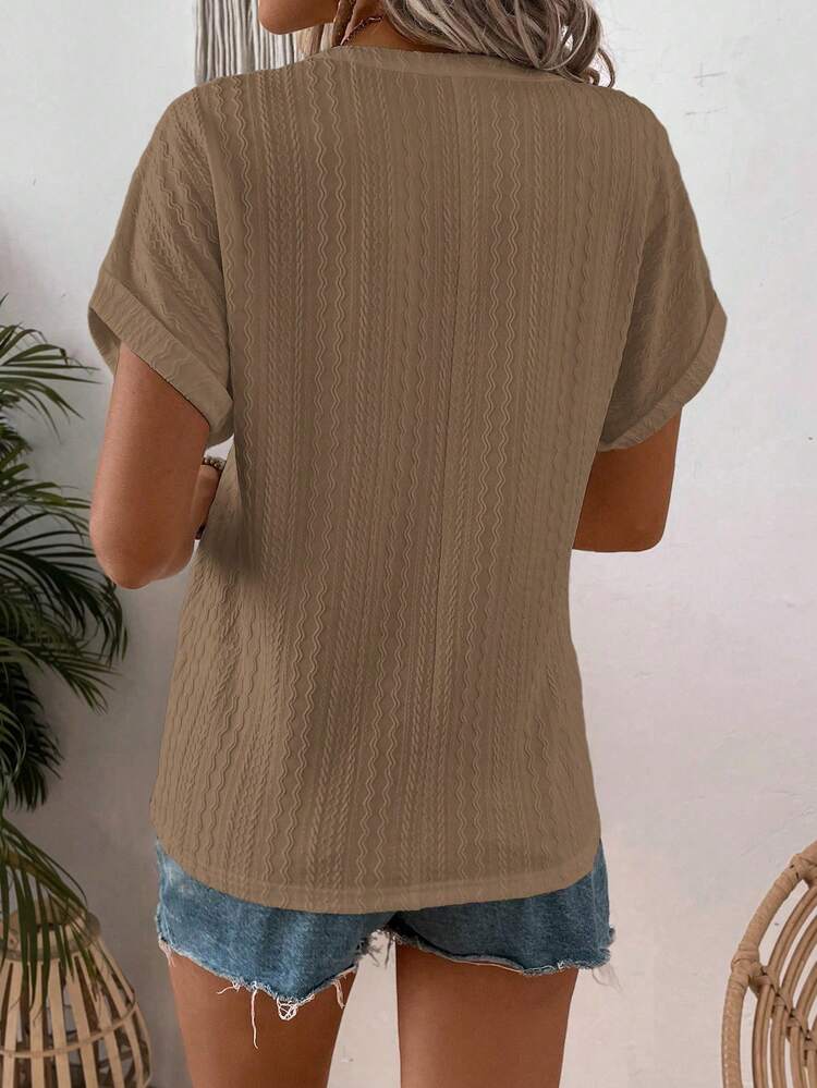 Women Fashion Solid Color Button Decor Contrast Short Sleeve Texture T-Shirt