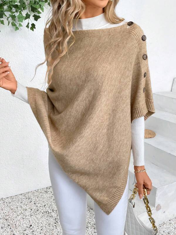 SHEIN Essnce Women Boat Neck Button Decor Batwing Sleeve Loose Sweater