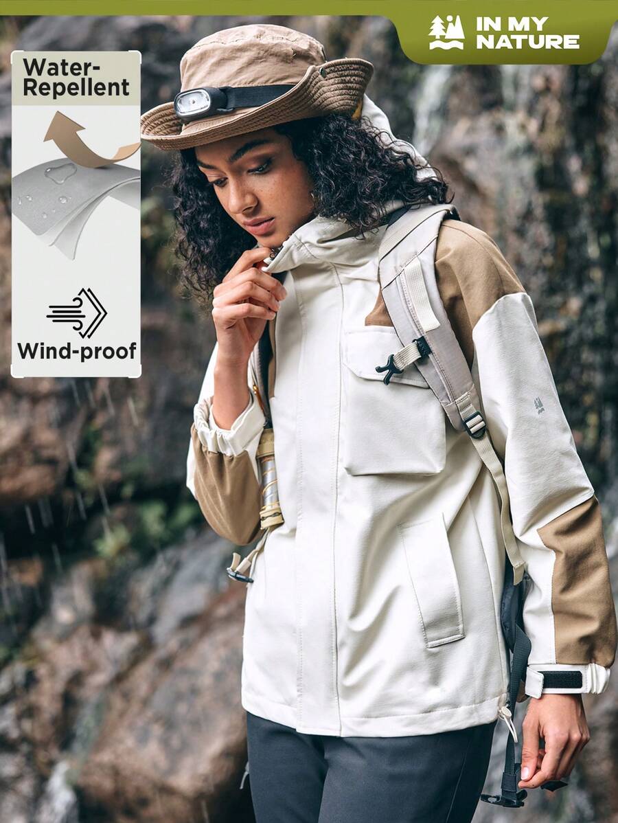 In My Nature 女式防水帽風雨衣,帶口袋適用於戶外露營/遠足/城市通勤 - 米色 - 查看 1