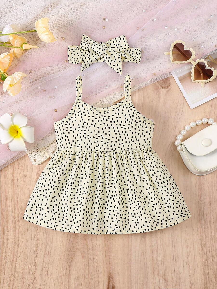 Baby Girl Polka Dot Print Cute Ruffle Hem Tank Top - Apricot - View 1